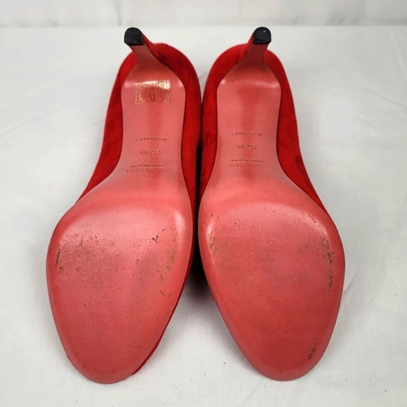 Miu Miu Prada Red Suede Peep Toe Stiletto Heels Pumps Size 37.5 - Picture 7 of 8